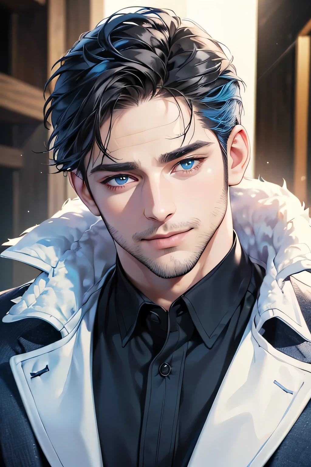 a handsome 35 year old man, 3 day beard, dark hair, sharp jawline, (mesmerizing blue eyes), perfectly styled hair, wearing cool anime outfitt, dynamic lighting, (CEO), (expression, smile in love), (best quality,4k,8k,highres,masterpiece:1.2),ultra-detailed,(realistic,photorealistic,photo-realistic:1.37)
