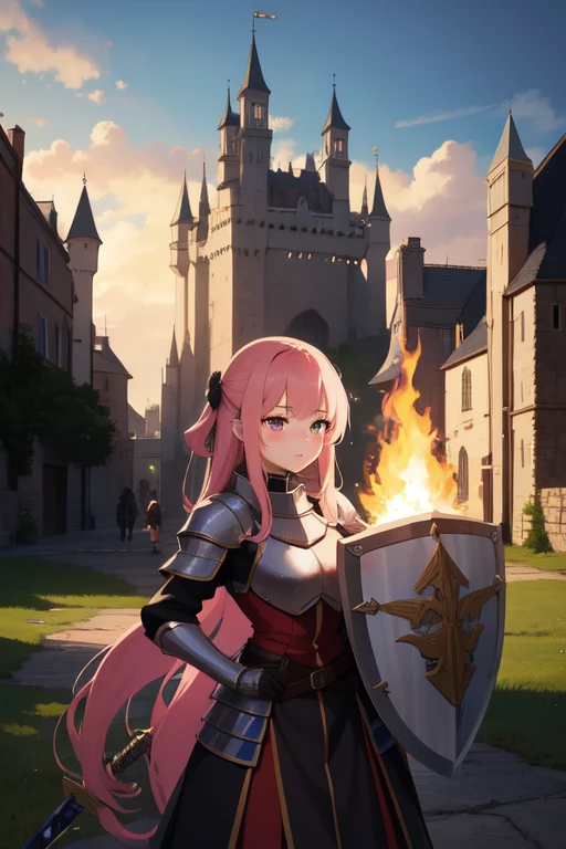 anime girl in dark pink armor with a sword and shield being 20 years old in a medieval landscape with the shield raised and a castle in the distance and a dragon breathing fire and a knight at the castle entrance