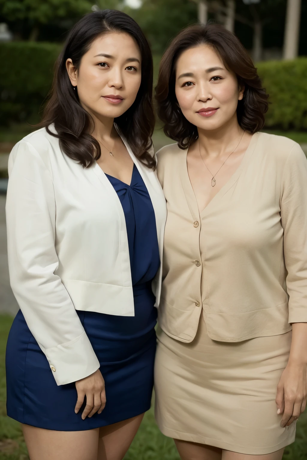 Two Aunts from Osaka、Organic Photography、best quality、masterpiece、Ultra-high resolution、Two beautiful old ladies、50 years old、Elegant face,Wear a business shirt,Short skirt,Huge sagging chest contour,Wavy Hair、Real skin texture,sideways,Revealing smooth and plump thighs,River in the Scene, Mountain, Reality, Sunset, masterpiece, Bokeh, Volumetric Lighting, Summer Breath, High Angle Shot