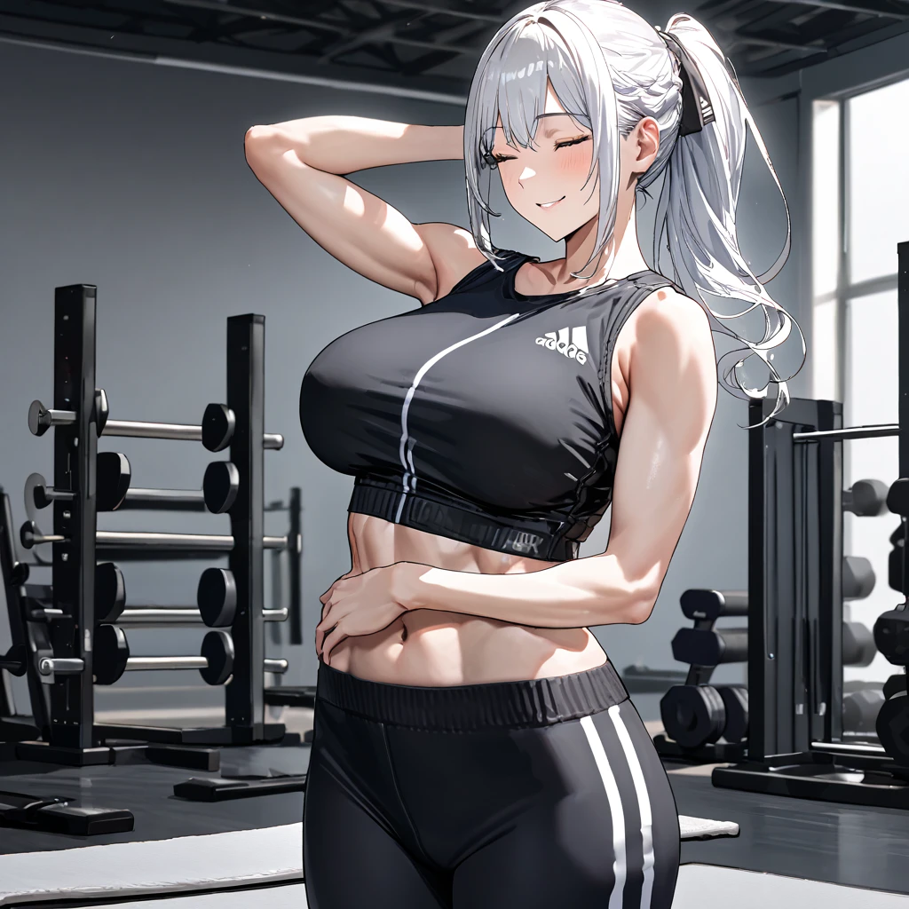 A woman wearing a short, sleeveless black shirt, exposed abdomen, muscular abdomen, closed eyes, muscular arm, black adidas gym pants, white hair, ponytail hair, on a gym mat, standing upright, large breasts, smiling, background gym equipment., closve view,,(solo woman) ,UHD , prime work , accurate , anatomically correct , textured skin , super details , high quality , best quality, 8k, high resolution, bokeh effect.
