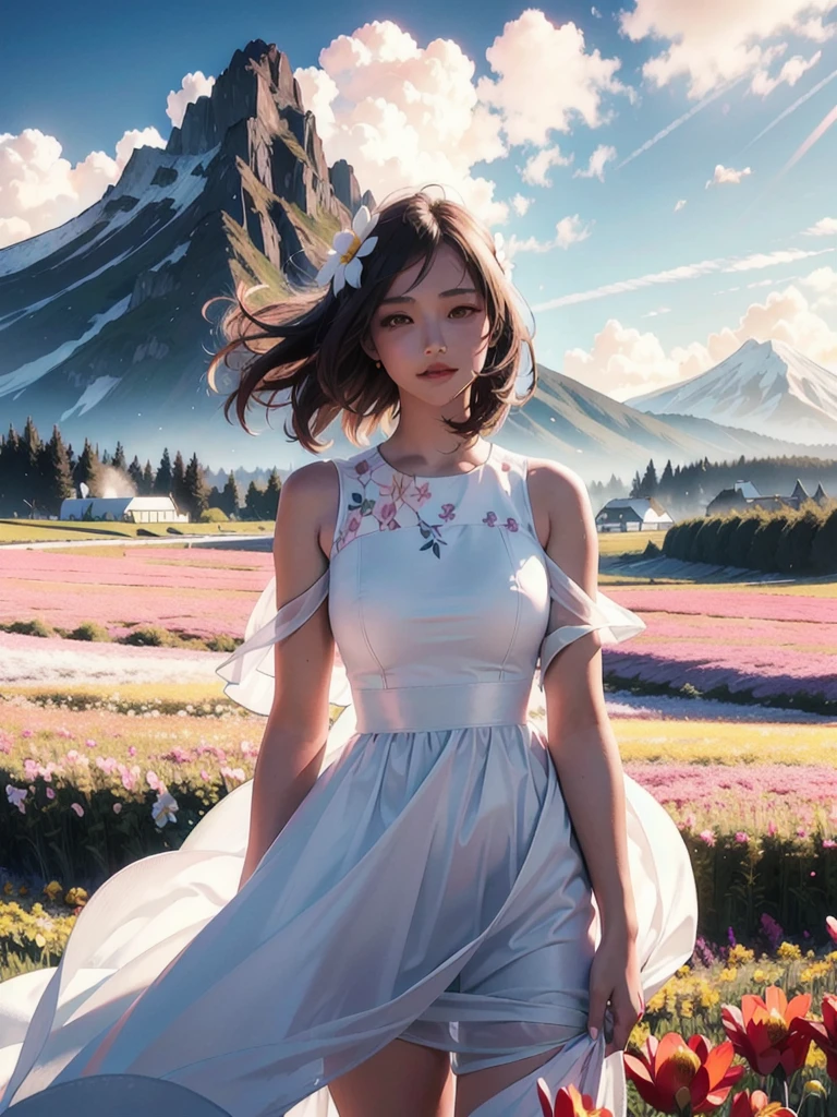 1 Girl, Dynamic Angle, Clouds and Mountains, (Flower Field: 1.4) in the foreground, White dress, Light tracing, (Floating Colorful Wind: 1) (Realistic: 1.4), Official Art, Unity 8k wallpaper, Ultra detailed, Beautiful and beautiful, Masterpiece, Best Quality, Glow Skin, Movie Lighting, Light Smile