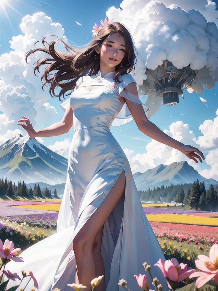 1girl, dynamic angle, cloud and mountain, (flower field:1.4) in the foreground, white dress, light tracing, (floating colorful wind:1)
(photorealistic:1.4), official art, unity 8k wallpaper, ultra detailed, beautiful and aesthetic, masterpiece,best quality, glowing skin, cinematic lighting, light smile