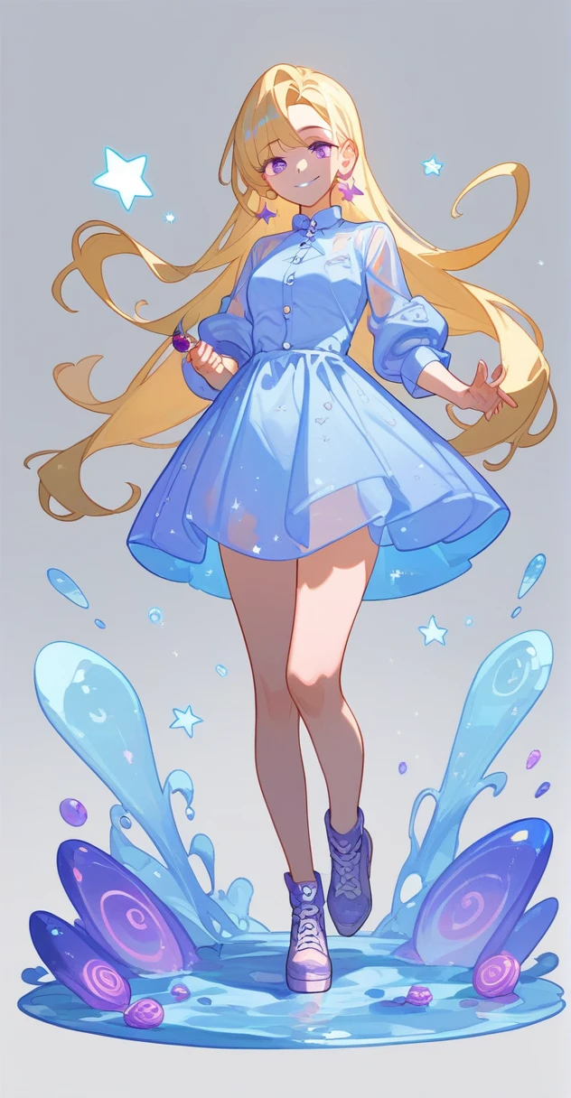 (slime girl:0.6),full_body,((translucent_skin)),(((light blue transparent skin)))9 year girl with long blonde hair and purple eyes with a purple lollipop and a pastel purple and white dress with black buckled shoes smiling and standing onna purple star (masterpiece, best quality),(score_9,score_8_up,score_7_up,score_6_up,score_5_up,score_4_up)