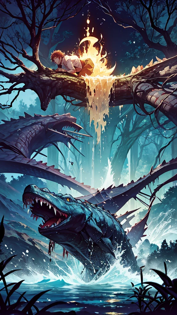 Create an AI-generated image that depicts a dramatic scene of a river with a visible above and below water perspective. Above the water, show two men helping to pull another man out of the river, with expressions of fear and urgency. Below the water, depict a large crocodile with its mouth open, showcasing its sharp teeth, swimming towards the group above. The surrounding environment is a dense forest with large trees and sprawling roots around the riverbank. The water is clear enough to see both the surface activity and the underwater threat in vivid detail.