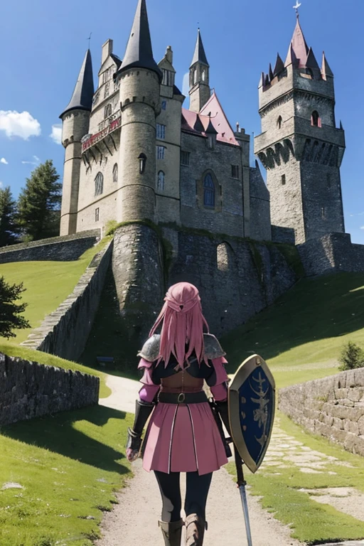 anime girl in dark pink armor with a sword and shield being 20 years old in a medieval landscape with the shield raised and a castle in the distance and a dragon breathing fire and a knight at the castle entrance