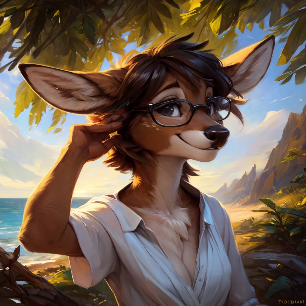 uploaded on e621, by Pixelsketcher, by Bayard Wu, by Thomas Benjamin Kennington , by Einshelm, by hioshiru and kenket, Chunie, portrait, solo anthro female deer doe, with small featureless breasts, clear dark blue, cinematic lighting, day, sunny day, beach, stays in the sea, sea background, mediterranean background, horizon background, shiny, short curly dark brown hair, wears big black nerd glasses, very very beautiful furry art, furry art, smiling, joyful, shiny, happy, feminine, cute face, muzzle, fluffy chest, flawless face, Fallow deer, 1girl, Sakimichan is beautiful, Masterpiece, Wavethesallow Face, shiny, Detailed image, portrait, Detailed image, portrait, full body, wearing wide, long, white blouse, shiny, realistic face, perfect anatomy, hourglass body, (furry body:1.1), anthropomorphic deer, small fluffy tail, detailed background, (cute anatomy:1.1), windy, smiling, very happy, happy
