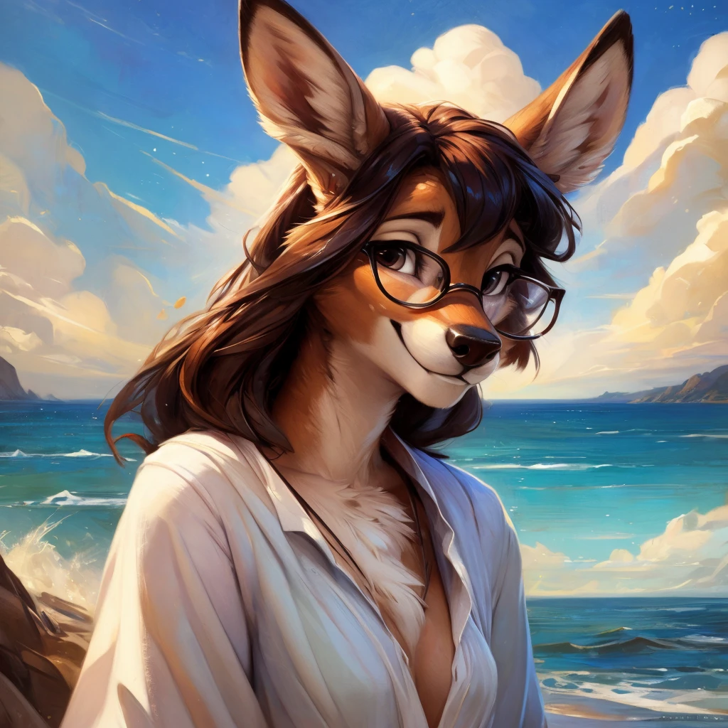 uploaded on e621, by Pixelsketcher, by Bayard Wu, by Thomas Benjamin Kennington , by Einshelm, by hioshiru and kenket, Chunie, portrait, solo anthro female deer doe, with small featureless breasts, clear dark blue, cinematic lighting, day, sunny day, beach, stays in the sea, sea background, mediterranean background, horizon background, shiny, short curly dark brown hair, wears big black nerd glasses, very very beautiful furry art, furry art, smiling, joyful, shiny, happy, feminine, cute face, muzzle, fluffy chest, flawless face, Fallow deer, 1girl, Sakimichan is beautiful, Masterpiece, Wavethesallow Face, shiny, Detailed image, portrait, Detailed image, portrait, full body, wearing wide, long, white blouse, shiny, realistic face, perfect anatomy, hourglass body, (furry body:1.1), anthropomorphic deer, small fluffy tail, detailed background, (cute anatomy:1.1), windy, smiling, very happy, happy
