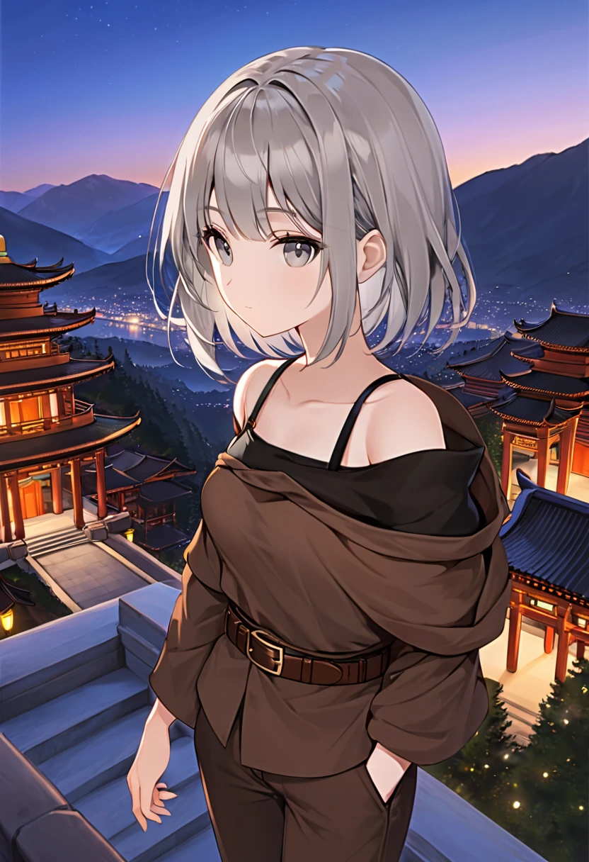 1 girl, small stature, long grey hair, grey eyes, hood, brown cloak, belt, short pants, one katana, katana on strap, sheathed, shoulder strap, solo, closed mouth, calm face, evening, against the background of a temple in the mountains, top view, looking at viewer