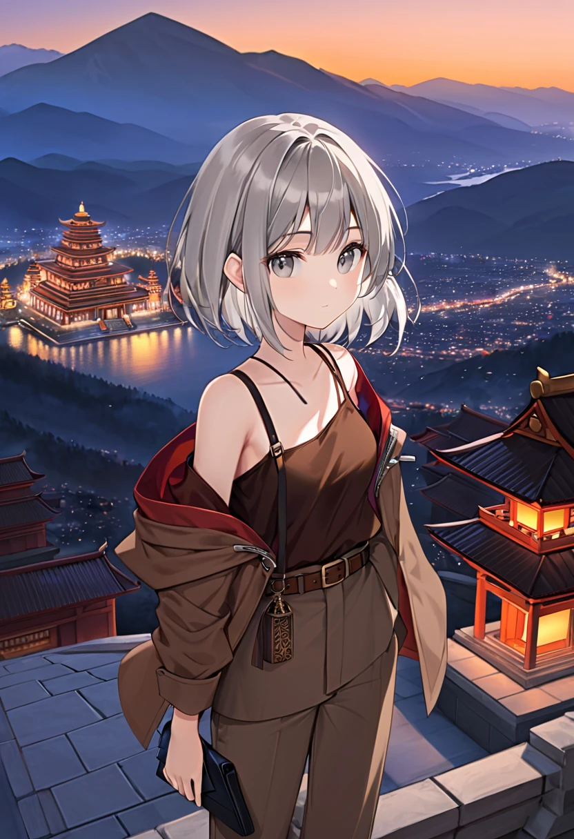 1 girl, small stature, long grey hair, grey eyes, hood, brown cloak, belt, short pants, one katana, katana on strap, sheathed, shoulder strap, solo, closed mouth, calm face, evening, against the background of a temple in the mountains, top view, looking at viewer