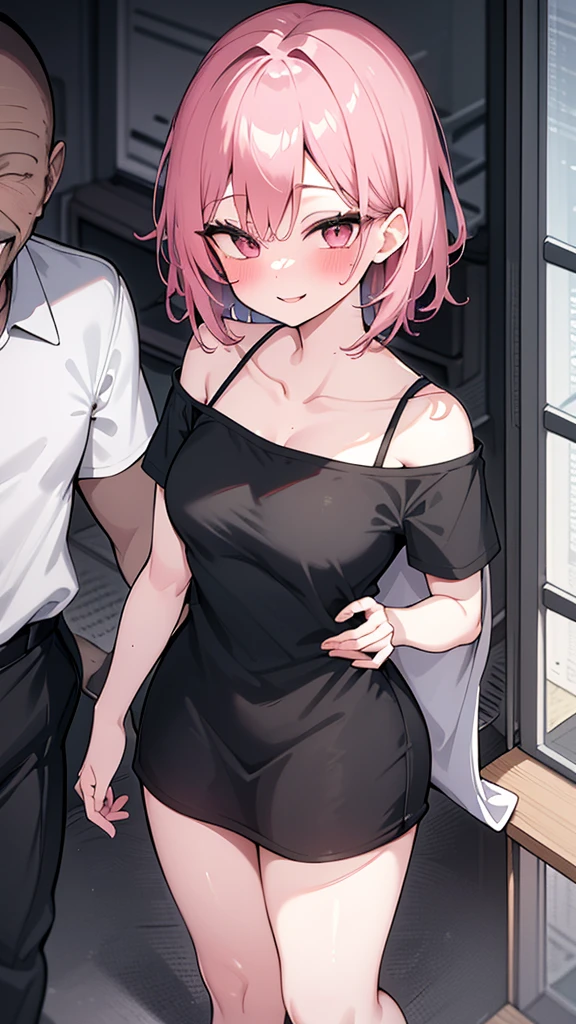 short girl and half-naked black man, A girl wearing an oversized plain T-shirt seduces the viewer while staring at him., view from bellow, healthy thighs,(Ahegao:1.5, roll your eyes 、netorare face:1.5), 
, , (evil smile:1.2), off shoulder,(Wet), long sleeve, sunburned skin, Saucy,( blush, Naughty play from behind, NTR composition、wet、)
((Perverted sweaty half-naked man puts his hand on the girl&#39;s shoulder:1.2)),
absurd solution, Super detailed, highest quality, cute illustration,