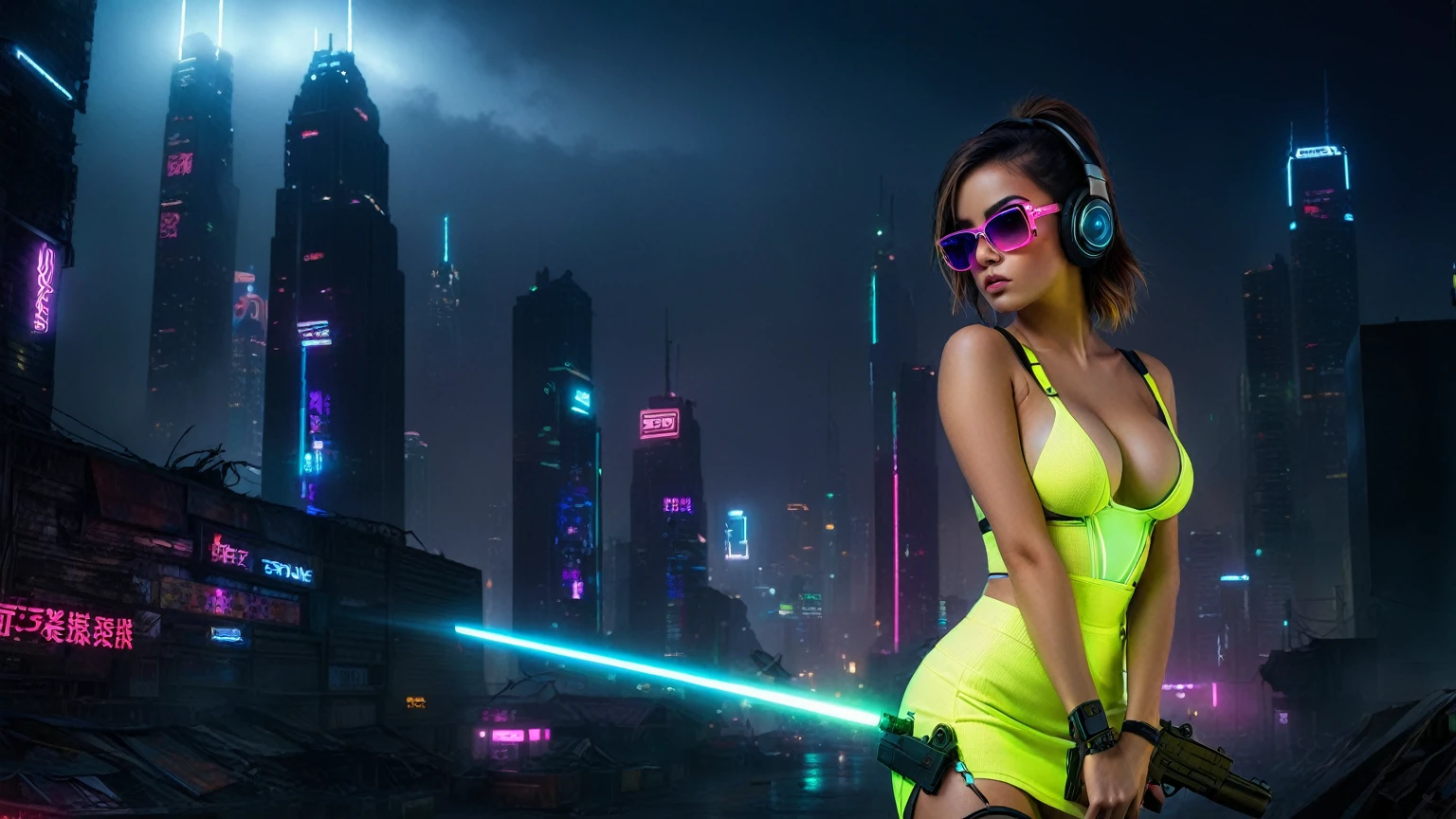 dark futuristic landscape, at night, neon lights, Atmospheric fog, large buildings in the background, futuristic city, streets with open shops, skyscraper (postapocalyptic city:1.3). (((1girl, solo, alone))), large-breast:1.2 slim body, cleavage:1.1, sexy miniskirt, (((headphone, black sunglasses, standing and holding pistol pose))), (((half-body thigh level medium shot))), cinematic lighting, lens flare, ray tracing.