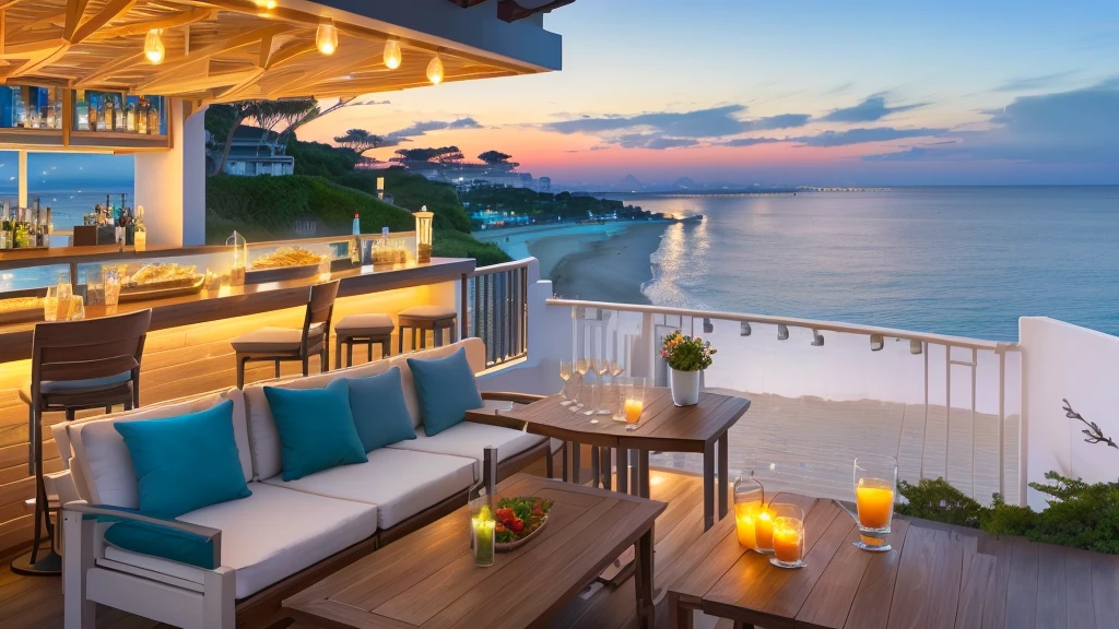 arafed outdoor seating area with a bar and Sea view, Overlooking the sea, comfortable environment, Overlooking the beach, Peaceful evening atmosphere, Sea view悬崖, Sea view, Paradise in the background, In the seaside environment, Sea view, Beautiful Ambience, Beautiful terrace, Close to the sea, Peaceful atmosphere, Relaxed atmosphere