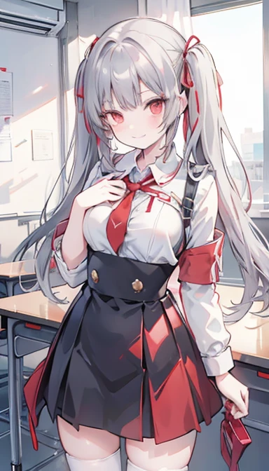One girl, Red eyes, Twin tails, Grin, chest, Gray Hair, Red ribbon, uniform, classroom