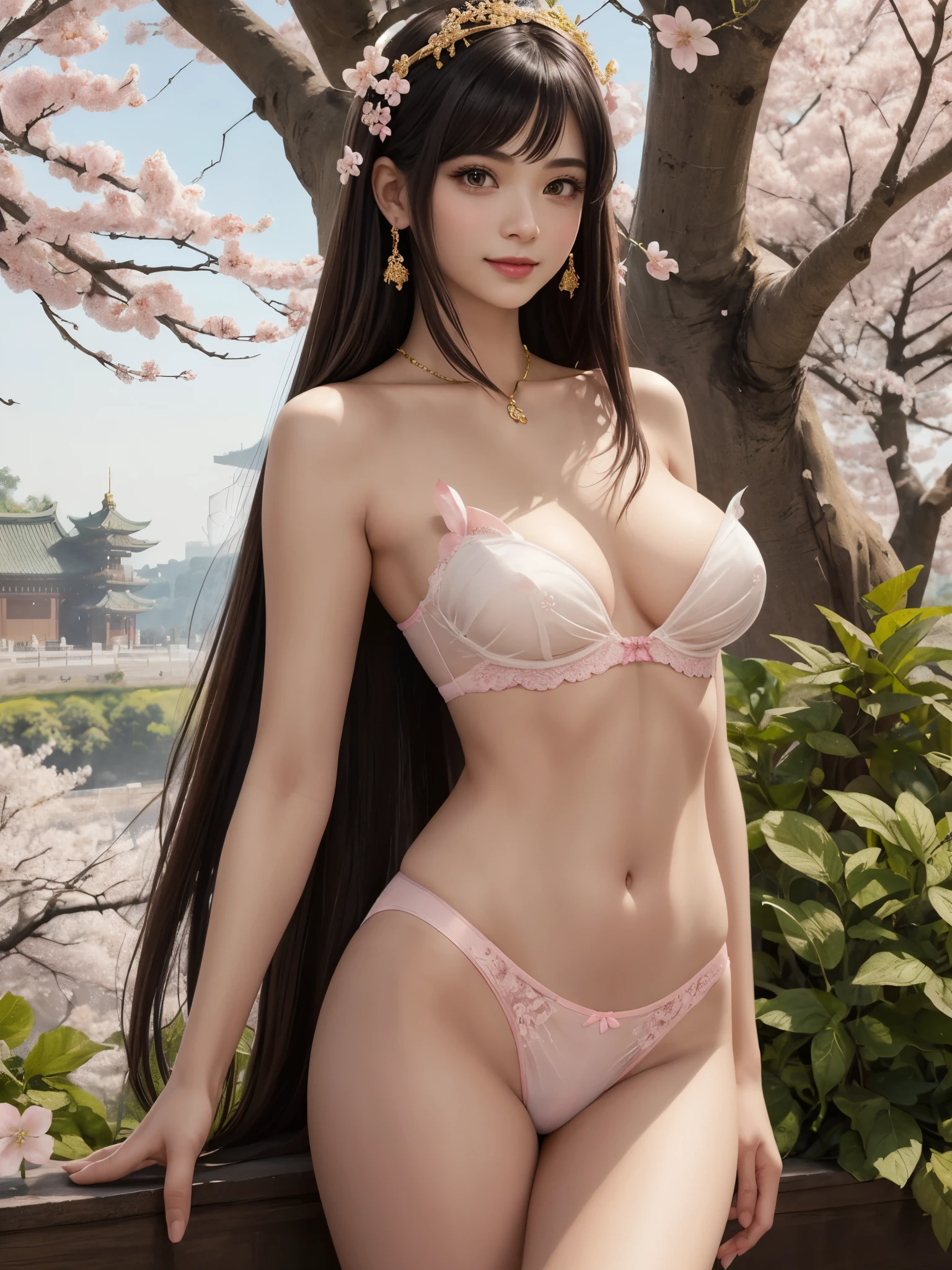 1girl, wearing stunning pink ensemble that accentuates her figures, off-shoulder strapless, detailed face, looking at viewer, breasts, thigh, long straight hair, noble majestic headpiece, masterpiece, top quality, high resolution, realistic, hyper realistic, delicate, brown pupils, (very straight hair, hime-cut hair:1.4), navel, earring necklace, kind smile, glistening skin, colorful, gilded palace, depth of field, bokeh, cherry blossom, (see-through underwear), ancient chinese style, see-through silk, goddess, ethereal, fantasy art,