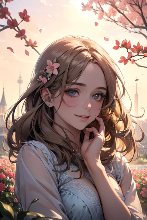 ,(best quality,4k,8k,highres,masterpiece:1.2),ultra-detailed,(realistic,photorealistic,photo-realistic:1.37),oil painting,portrait,colorful,pastel colors,soft lighting,flower garden,serene atmosphere,captivating smile,pure and innocent,golden hour,slightly blurred background,vivid colors,happy expression,long flowing gray brown hair,graceful pose,natural lighting,floating petals,dreamy ambiance,gentle breeze,delicate features