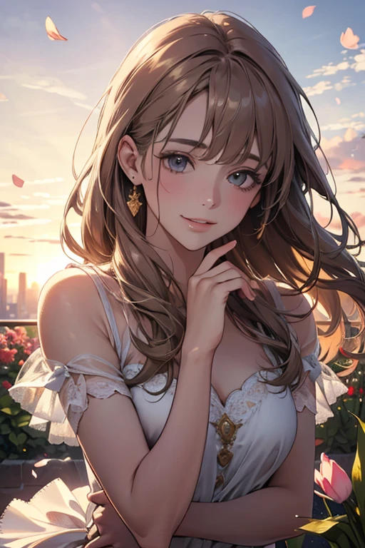 ,(best quality,4k,8k,highres,masterpiece:1.2),ultra-detailed,(realistic,photorealistic,photo-realistic:1.37),oil painting,portrait,colorful,pastel colors,soft lighting,flower garden,serene atmosphere,captivating smile,pure and innocent,golden hour,slightly blurred background,vivid colors,happy expression,long flowing gray brown hair,graceful pose,natural lighting,floating petals,dreamy ambiance,gentle breeze,delicate features