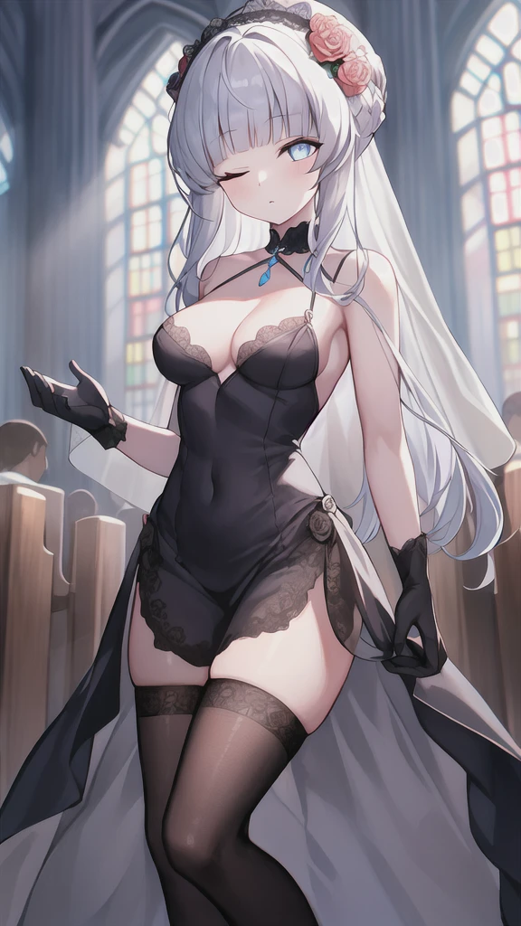 A girl，，Long hair, Bangs, White hair, Hair between the eyes, Purple Eyes:（1.5),  (Medium breasts:1.2), 
rest  锁骨, Wedding dress，veil，wedding，Black dress，Flowers，dress，Black socks，Black knee socks，Black gloves，Long boots，Cleavage，
Looking at the audience, whole body, Open your mouth，lol，
indoors, church，permanent，permanent，微lol，With one eye closed，
rest (masterpiece:1.2), best quality, high resolution,  8k wallpaper, (illustration:0.8), (Beautiful and delicate eyes:1.6), Extremely detailed face, Perfect lighting, Extremely detailed CG, (Perfect hands, Perfect anatomical structure),