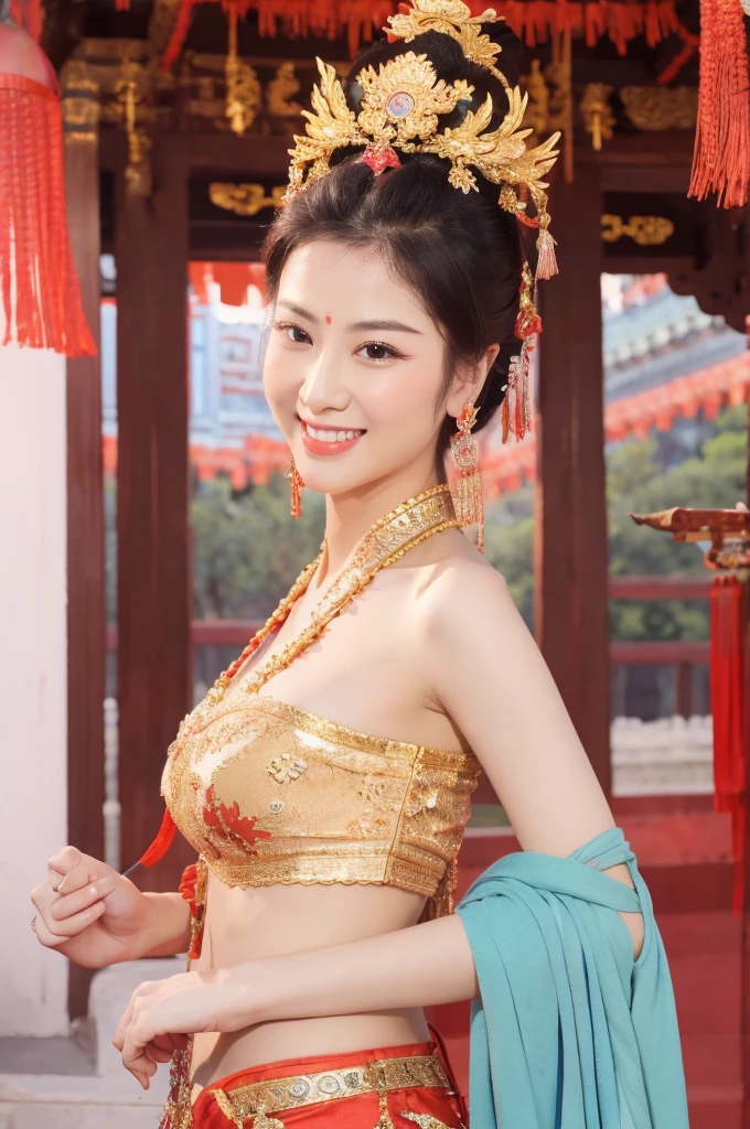 best quality, 8k, very delicate and beautiful, highly detailed face and skin texture, shiny skin, high resolution, huge tits sexy chinese girl in colorfull costume stand and smile in ancient temple, sharp focus