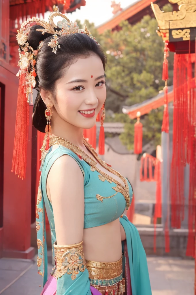 best quality, 8k, very delicate and beautiful, highly detailed face and skin texture, shiny skin, high resolution, huge tits sexy chinese girl in colorfull costume stand and smile in ancient temple, sharp focus