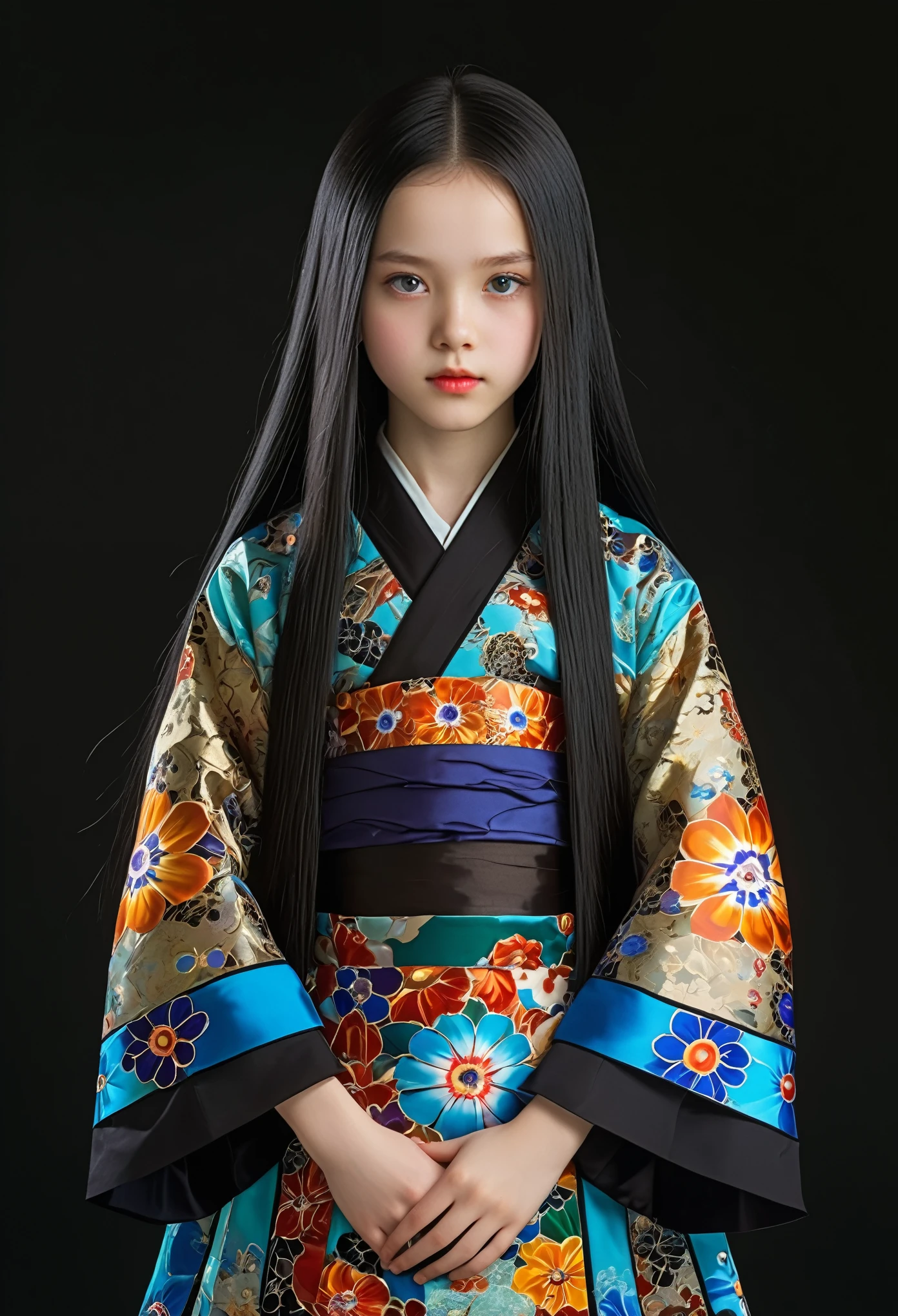 Millefiori glass style，A girl around 13 years old，Pale skin，Very long hair, Black straight hair. big、Black eyes , With a strong and mysterious expression. Dressed in orphan clothing style, More elegant and refined, Something that matches her mysterious and strong personality. comprehensive, Her presence will attract attention, Attract curious and inquisitive eyes. flat chest, movie lighting, Chromatic Aberration, Backlight, masterpiece, High Detail, high quality, 4k.
