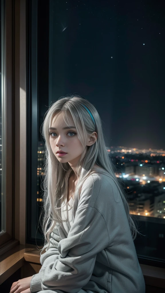 (Masterpiece), Best Quality, cyan eyes, light gray hair, expressive eyes, Holhaya, sitting in the room of a high-rise apartment, night sky, city landscape, looking at the viewer, City Lights, window, stand out, dramatic lights, calm face,