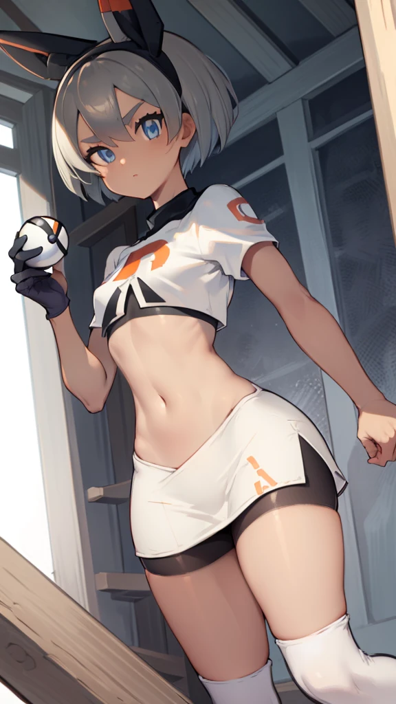 pokemon bea, pokemon bea, grey eyes, gray fur, short hair , (small breasts:1.2),
Team Rocket,Team Rocket uniform, red letter R, White skirt,White crop top,black thigh high stockings,black elbow length gloves BREAK looking at viewer,
BREAK (Masterpiece:1.2), Best Quality, high resolution, unity wallpaper 8k, (illustration:0.8), (Beautiful detailed eyes:1.6), extremely detailed face, perfect lighting, Extremely detailed CG, (perfect hands, perfect anatomy),(with a Pokeball in hand)
