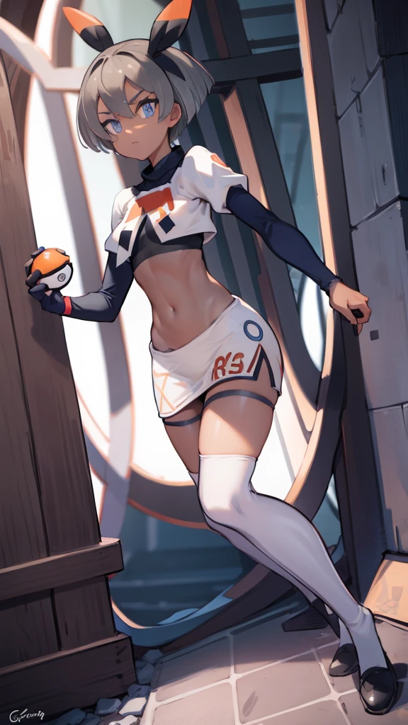 pokemon bea, pokemon bea, grey eyes, gray fur, short hair , (small breasts:1.2),
Team Rocket,Team Rocket uniform, red letter R, White skirt,White crop top,black thigh high stockings,black elbow length gloves BREAK looking at viewer,
BREAK (Masterpiece:1.2), Best Quality, high resolution, unity wallpaper 8k, (illustration:0.8), (Beautiful detailed eyes:1.6), extremely detailed face, perfect lighting, Extremely detailed CG, (perfect hands, perfect anatomy),(with a Pokeball in hand)
