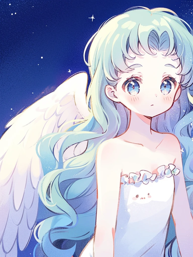 nude angel girl wearing an ethereal translucent dress, pale skin, ((blue mint wavy hair)), white feathers, angel wings, sparkling detailed eyes, golden ratio face, perfect composition, highly detailed, ethereal, (starry night sky background), midjourney style
