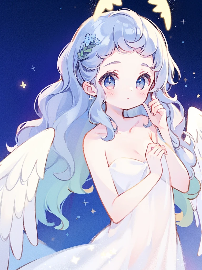 nude angel girl wearing an ethereal translucent dress, pale skin, ((blue mint wavy hair)), white feathers, angel wings, sparkling detailed eyes, golden ratio face, perfect composition, highly detailed, ethereal, (starry night sky background), midjourney style