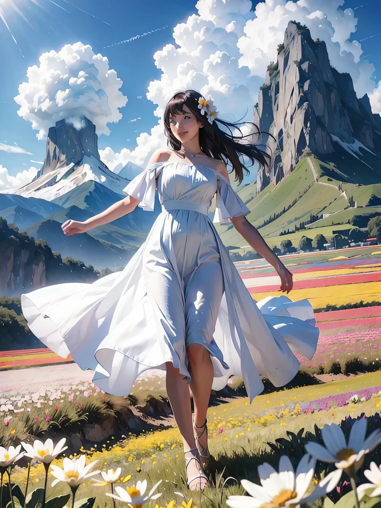 1girl, dynamic angle, cloud and mountain, (flower field:1.4) in the foreground, white dress, light tracing, (floating colorful wind:1)
(photorealistic:1.4), official art, unity 8k wallpaper, ultra detailed, beautiful and aesthetic, masterpiece,best quality, glowing skin, cinematic lighting, light smile