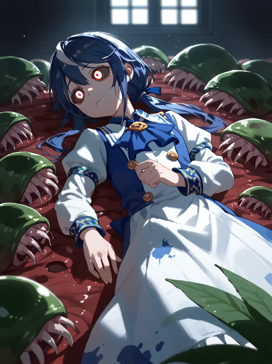 nichijou,(best quality:1.2),solo,low twintail,bloodstained ,(death:1.1),dead eyes,asleep,fullbody,(guro:1.1),(death color skin:0.9),looking away,(simple background:0.7),parasite,(horror:0.3)