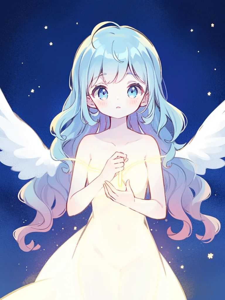 nude angel girl wearing an ethereal translucent dress, pale skin, ((blue mint wavy hair)), magical glowing stars and lights, white feathers, angel wings, sparkling detailed eyes, golden ratio face, perfect composition, highly detailed, ethereal, (starry night sky background), midjourney style