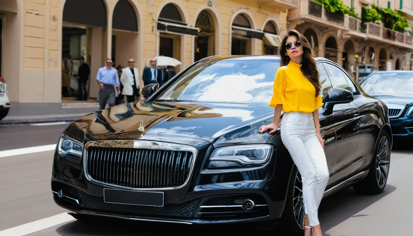 beautiful girl dressed casually with style, driving a luxury car on the streets of Monaco