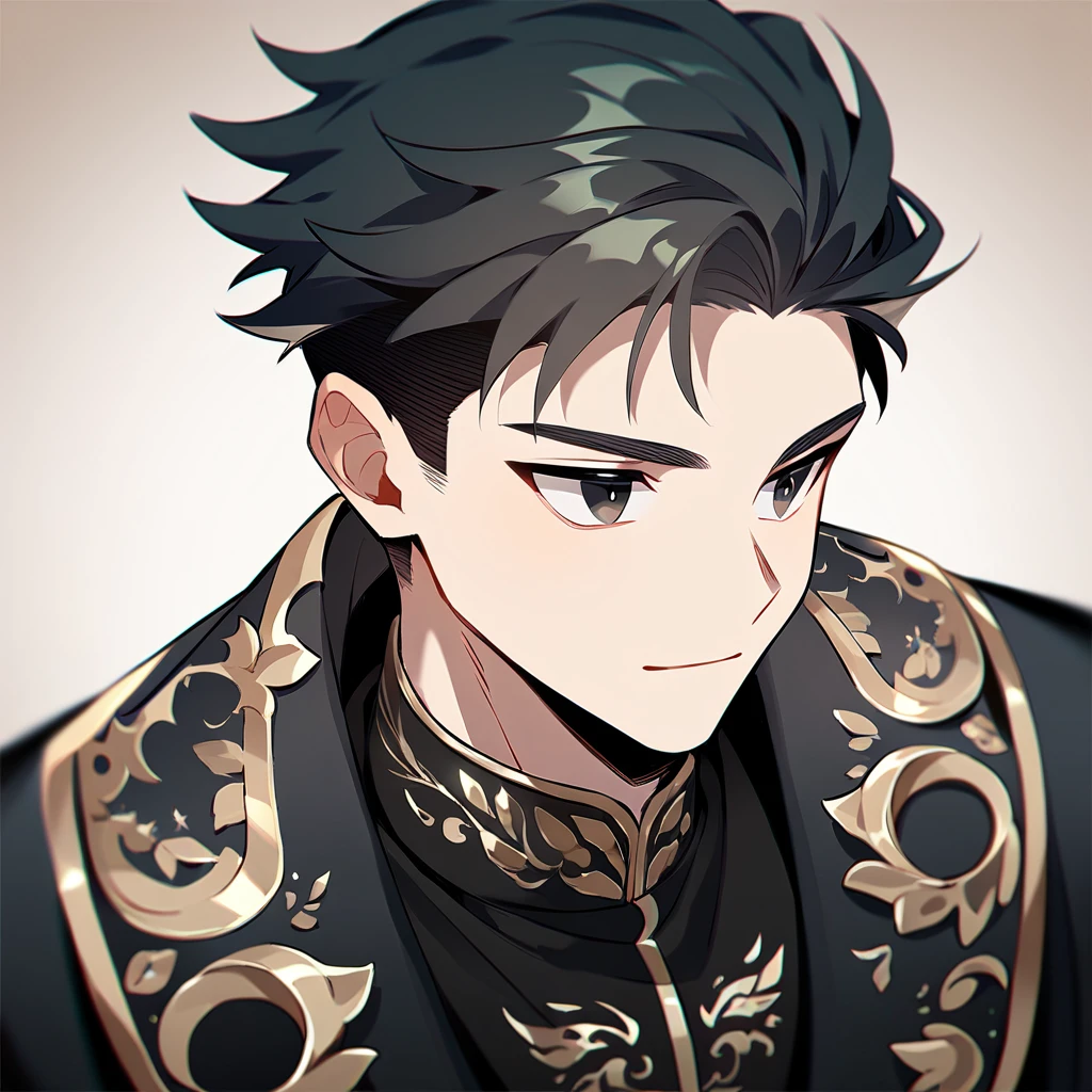 1 young man, focus man , No smile, human, short hair, black hair, dark black eyes ,He wore a black shirt with some gold embroidery. , Wear black jewelry , Fantasy, The best aesthetics , best quality, Amazing quality, The best aesthetics