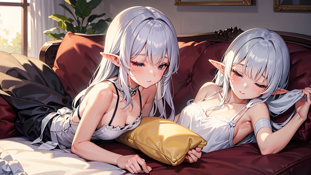 dark skin, elf, silver-haired, wariza, red eyes, loli, blush, mischievous smile, from below, white dress, on bed, small breasts, looking down, holding hands, (straddling)