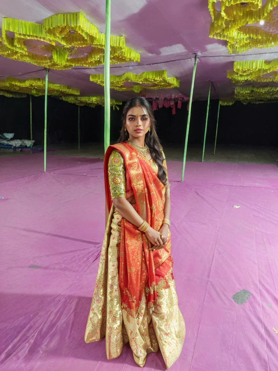 (highly detailed,illustration,intricate,attractive body,beautiful eyes,beautiful lips,extremely detailed face,longeyelashes), ((Full body picture)), cinematic, potrait, dynamic lighting, most beautiful picture, indian celebrity, (wearing traditional indian red saree), traditional indian clothes, indian jewelry, symmetrical face, stunning art, intense look, detailed, red lips, messy strands of hair, detailed hair, intense look, (best quality,4k,8k,highres,masterpiece:1.2),ultra-detailed,(realistic,photorealistic,photo-realistic:1.37),vivid colors,sharp focus,portrait, studio lighting, in a temple, (SFW), (light skin color) full body 