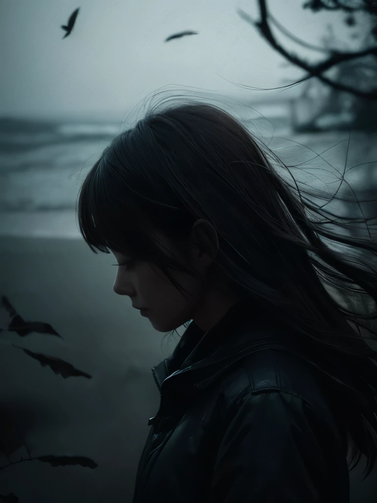(Highest quality, masterpiece), One girl, Looking down, Wind, particle, Simple Background, Dark mood, Upper Body, Light/Dark Contrast, Depth of written boundary, 