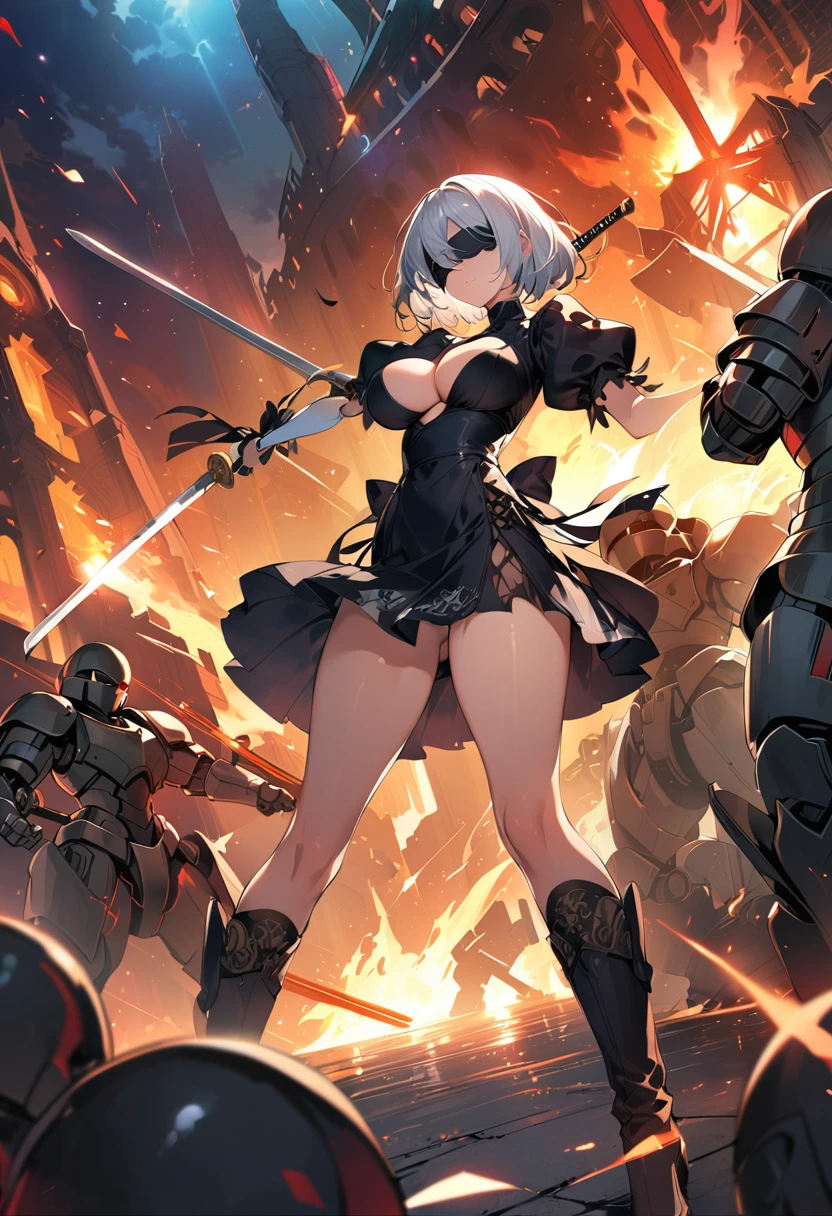 2B Nier Automata,masterpiece, 最high quality, High resolution,  Black torn clothes 、Black Pantyhose、Dark church at night、sexy、Wear a miniskirt、Thin legs、Big Breasts、Slim figure、high quality　CG Tone、Gray Hair、Black blindfold、Short Bob、Surrounded by mechanical soldiers、Stylish fighting mechanical soldiers、Japanese sword