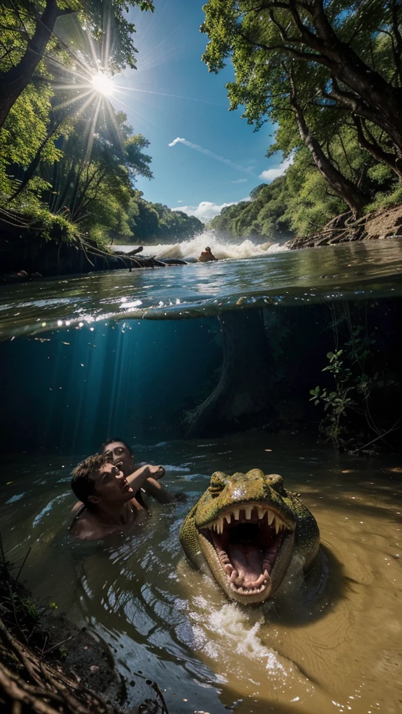 Create an AI-generated image that depicts a dramatic scene of a river with a visible above and below water perspective. Above the water, show two men helping to pull another man out of the river, with expressions of fear and urgency. Below the water, depict a large crocodile with its mouth open, showcasing its sharp teeth, swimming towards the group above. The surrounding environment is a dense forest with large trees and sprawling roots around the riverbank. The water is clear enough to see both the surface activity and the underwater threat in vivid detail.