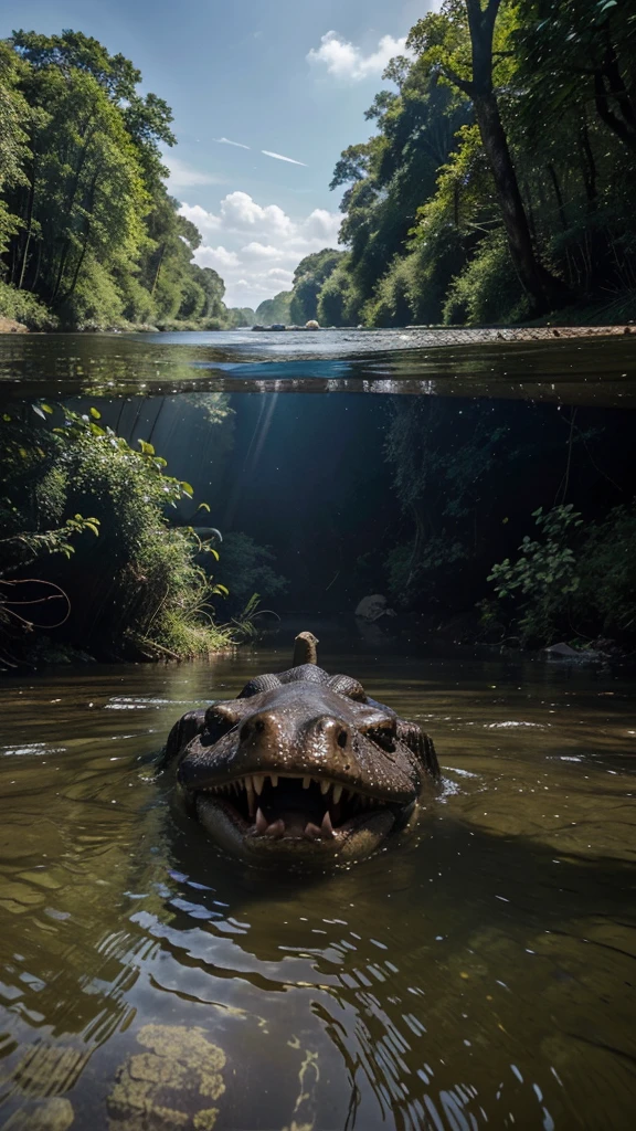 Create an AI-generated image that depicts a dramatic scene of a river with a visible above and below water perspective. Above the water, show two men helping to pull another man out of the river, with expressions of fear and urgency. Below the water, depict a large crocodile with its mouth open, showcasing its sharp teeth, swimming towards the group above. The surrounding environment is a dense forest with large trees and sprawling roots around the riverbank. The water is clear enough to see both the surface activity and the underwater threat in vivid detail.
