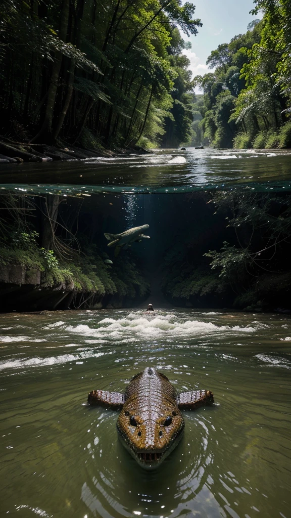 Create an AI-generated image that depicts a dramatic scene of a river with a visible above and below water perspective. Above the water, show two men helping to pull another man out of the river, with expressions of fear and urgency. Below the water, depict a large crocodile with its mouth open, showcasing its sharp teeth, swimming towards the group above. The surrounding environment is a dense forest with large trees and sprawling roots around the riverbank. The water is clear enough to see both the surface activity and the underwater threat in vivid detail.