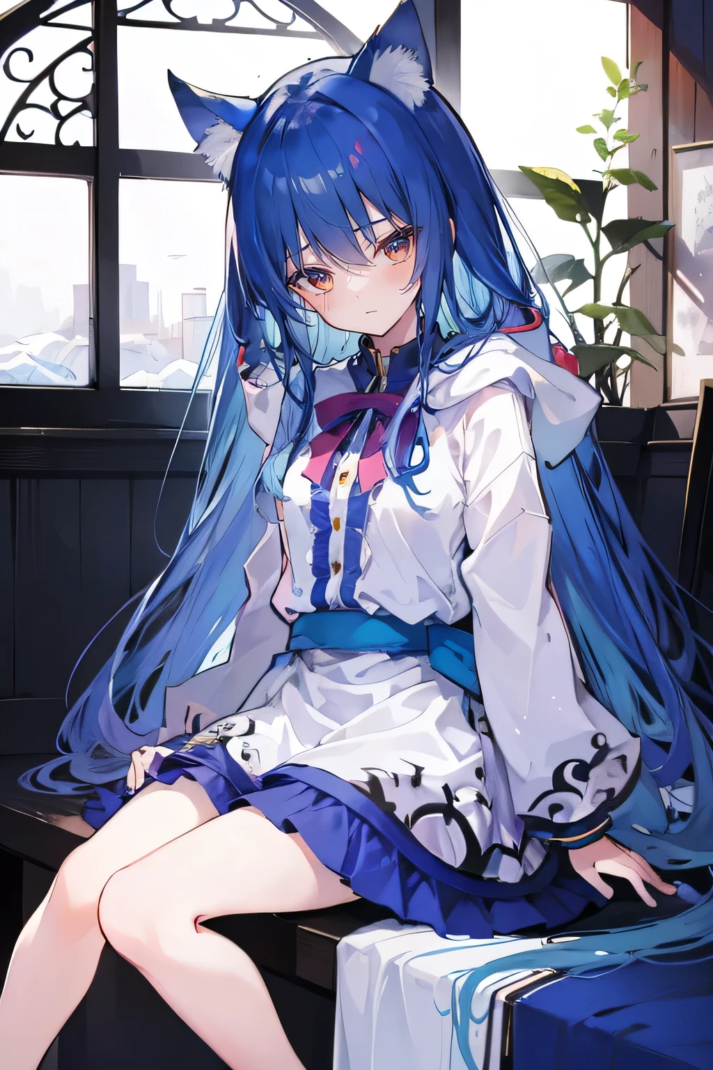 (masterpiece:1.2),Super detailed,lifelike,Expressive eyes,fair skin,perfect face shape,1 girl,
Japanese comics,Gorgeous blue hair,flowing blue hair,flowing clothes,Cat ears,Petals fall,beautiful lola,Baby Angel,
Shaking head with one hand,Cross your legs,Gentle and peaceful background,The pavilion is cool and comfortable,smile, wearing hoodie, In front of the window,snowing