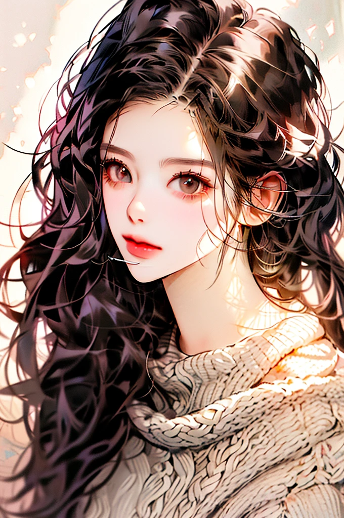 Girl, long straight brown hair, brown eyes, sharp features, white skin, pink lips, perfect, sweater