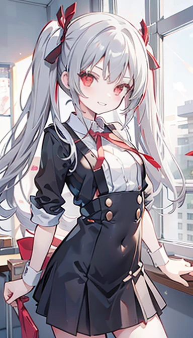 One girl, Red eyes, Twin tails, Grin, Small breasts, Gray Hair, Red ribbon, uniform, classroom