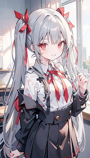 One girl, Red eyes, Twin tails, Grin, Small breasts, Gray Hair, Red ribbon, uniform, classroom