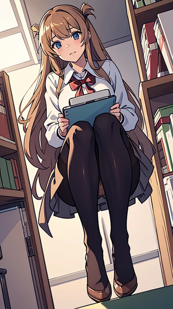 front,Crouching,Pantyhose,high school girl,Angle from below,library,