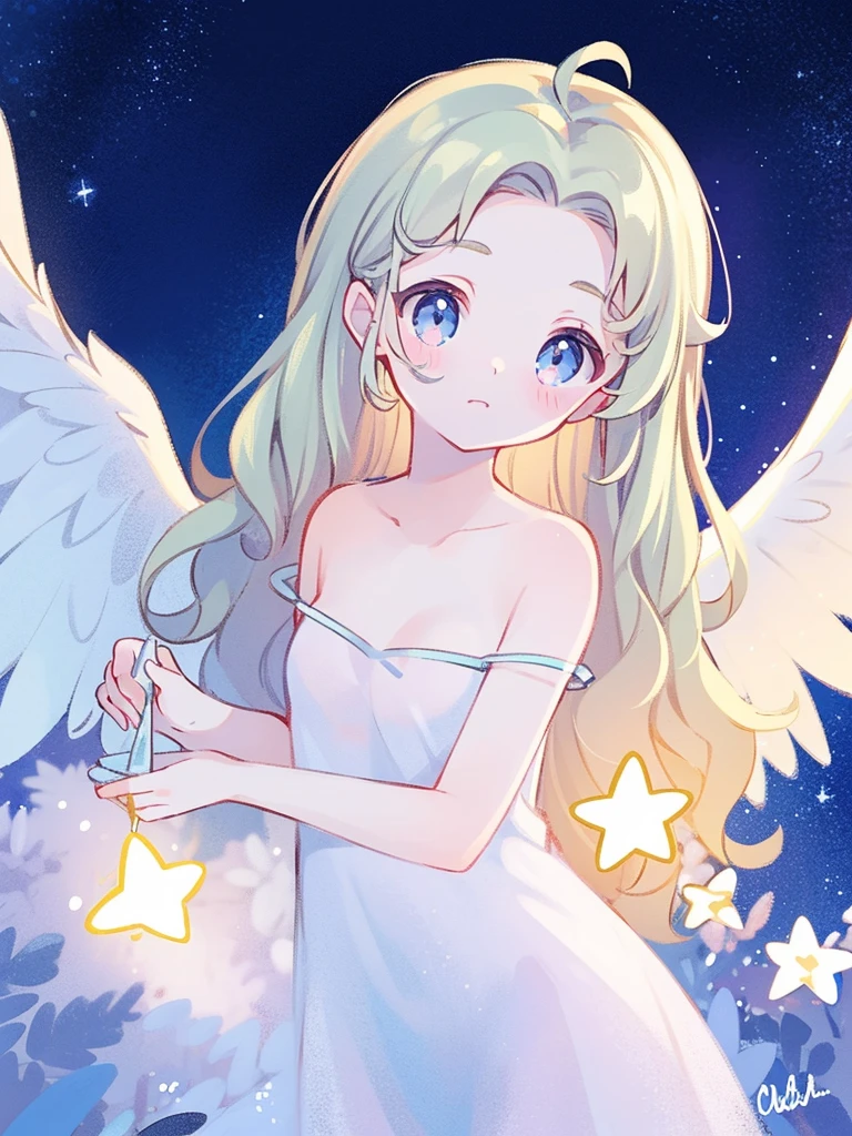nude angel girl wearing an ethereal translucent dress, pale skin, ((blue mint wavy hair)), white feathers, angel wings, sparkling detailed eyes, golden ratio face, perfect composition, highly detailed, ethereal, (starry night sky background), midjourney style