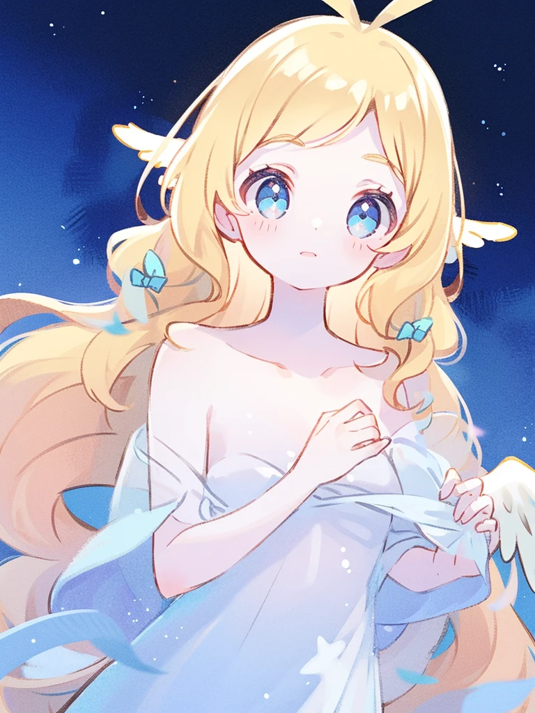 nude angel girl wearing an ethereal translucent dress, pale skin, ((blue mint wavy hair)), white feathers, angel wings, sparkling detailed eyes, golden ratio face, perfect composition, highly detailed, ethereal, (starry night sky background), midjourney style