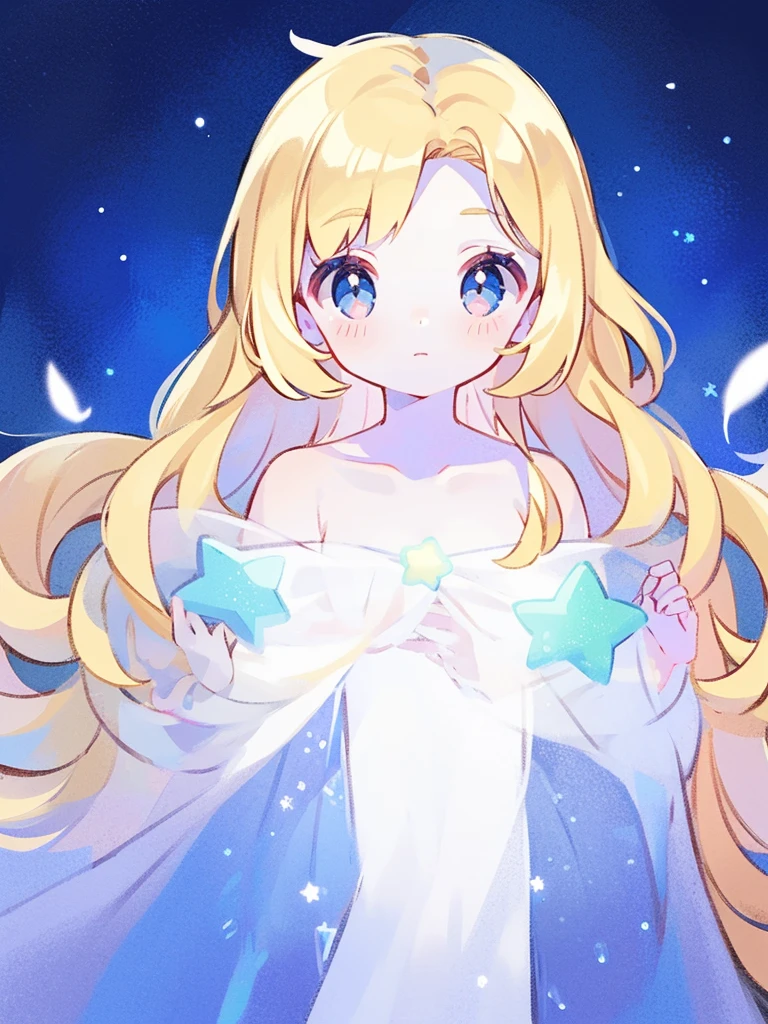 nude angel girl wearing an ethereal translucent dress, pale skin, ((blue mint wavy hair)), white feathers, angel wings, sparkling detailed eyes, golden ratio face, perfect composition, highly detailed, ethereal, (starry night sky background), midjourney style