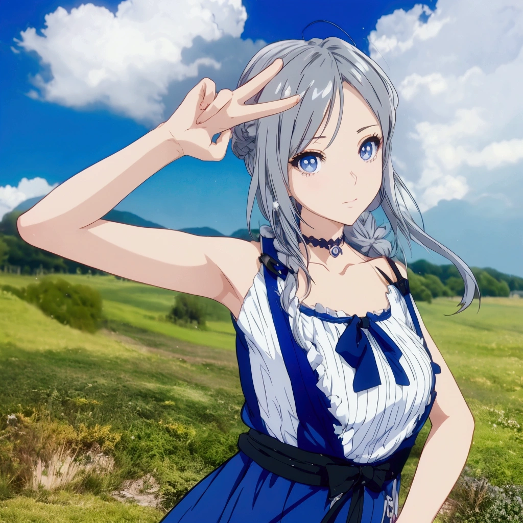 Anime girl with gray hair and a blue dress posing in a field, Realistic Anime 3D Style, Realistic young anime girl, Cute 3D anime girl render, Anime Style3D, , April Rendering, Photorealistic Animation girl render, Realistic anime art style, Smooth anime CG art, Anime Style, Live2D Virtual Youtuber Model, Photorealistic Animation